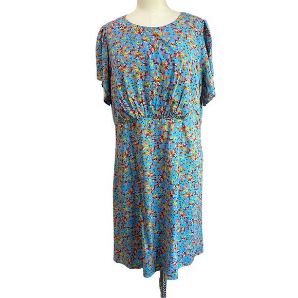 Loft Plus Size Blue Multicolor Floral Short Sleeve Dress with Back Tie Size 14 - Picture 1 of 9